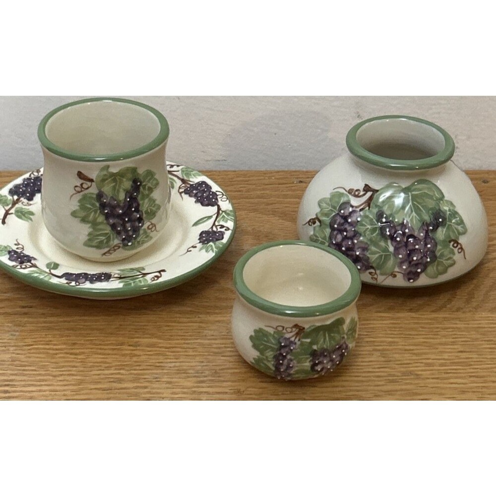 SIERRA Pottery Purple Grapes THAILAND Jar Candle Chimney 2 votive Holders Plate